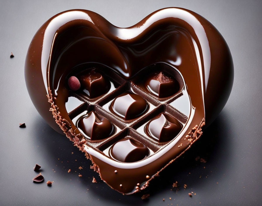 Glossy Chocolate Heart with Assorted Chocolates on Dark Background