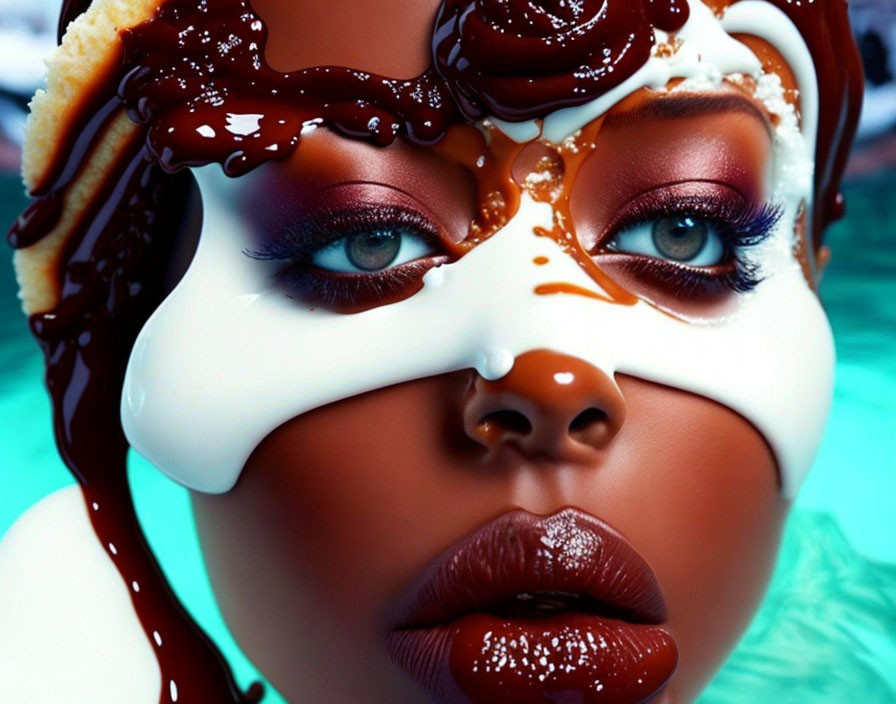 Surreal digital portrait: female with creamy & chocolate-like substances on face