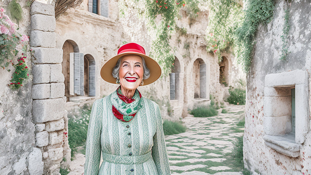 Elderly woman in green dress and red hat in sunny courtyard