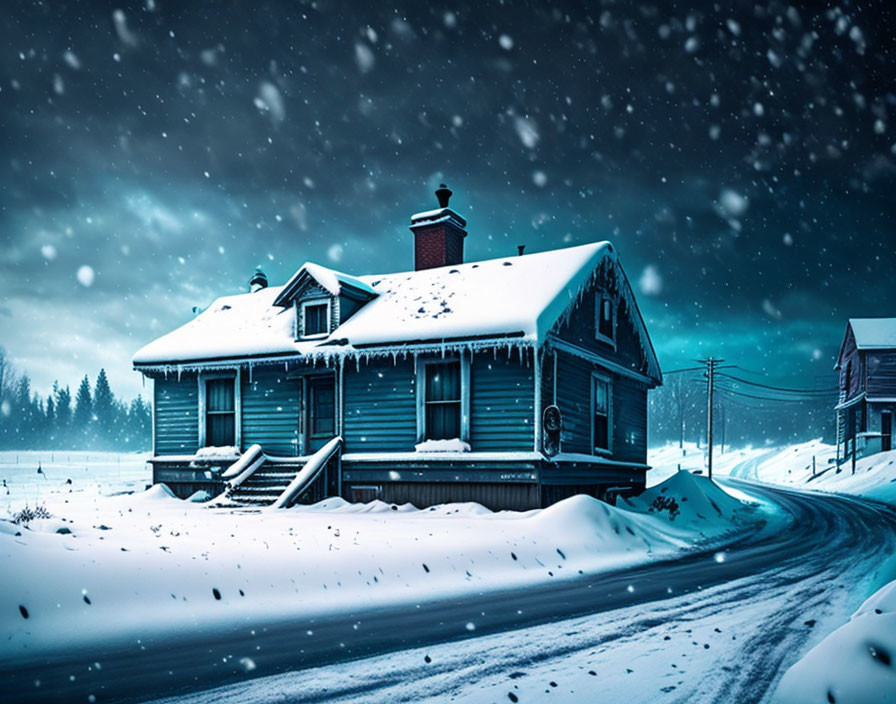 Snow-covered Blue Wooden House in Twilight Snowfall