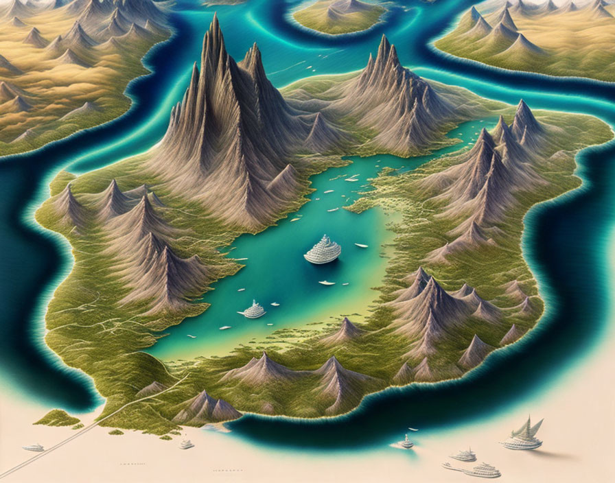 Serene bay with sailboats, dramatic peaks, and lush valleys