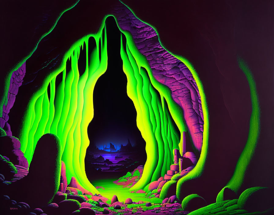 Mysterious Cave with Green and Purple Illumination