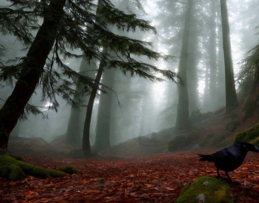 Misty forest scene with tall trees, red leaves, sunlight, and crow.