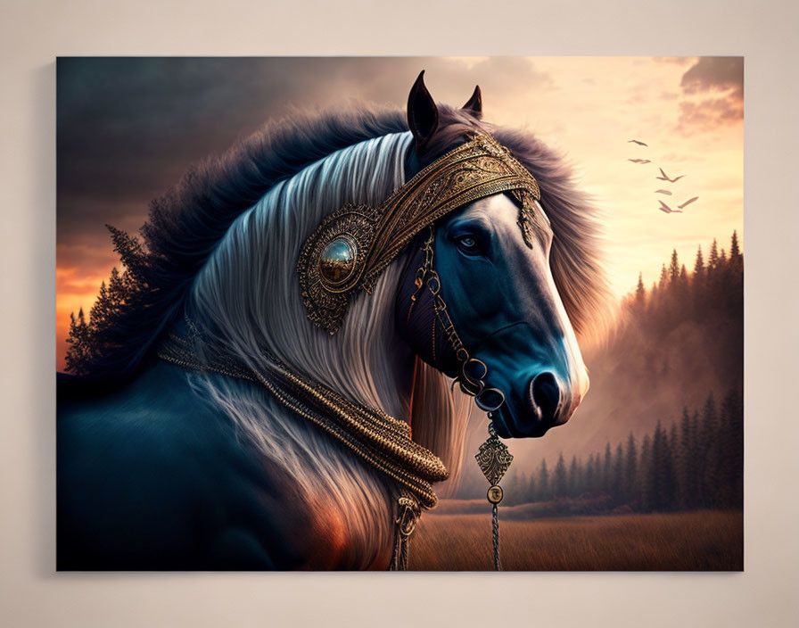 Majestic horse with ornate bridle in sunset forest scene