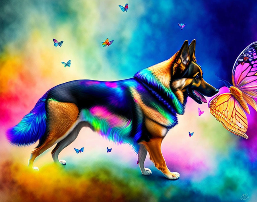 Colorful German Shepherd with rainbow fur and butterflies on multicolored background