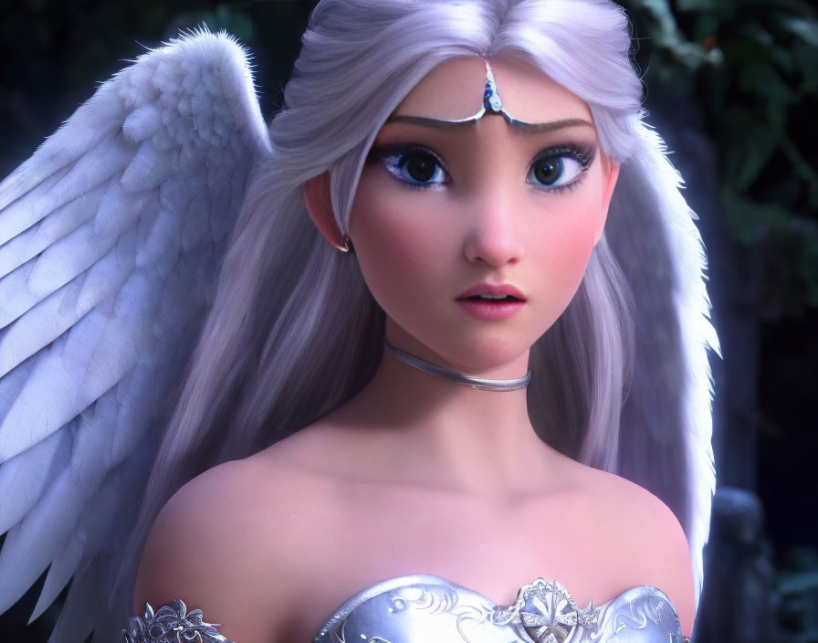 White angel wings and silver attire on serene female character in dark forest.