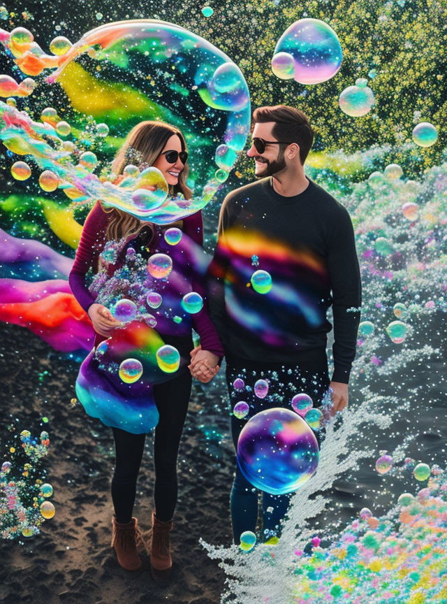 Couple Holding Hands Surrounded by Vibrant Soap Bubbles on Sandy Beach