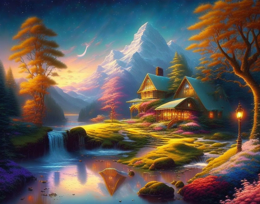 Twilight fantasy landscape with illuminated cottage, waterfall, colorful flora, river, and mountain