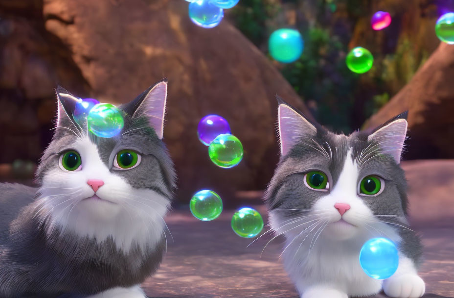 Gray and White Cats with Big Eyes Gazing at Colorful Bubbles