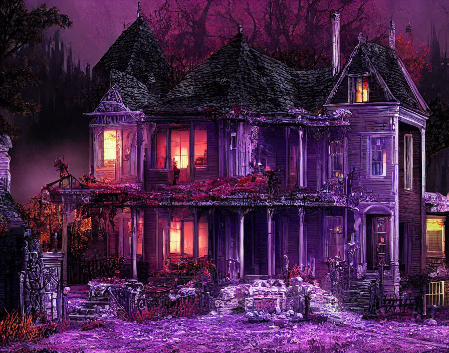 Dilapidated Victorian house at twilight with eerie glowing lights