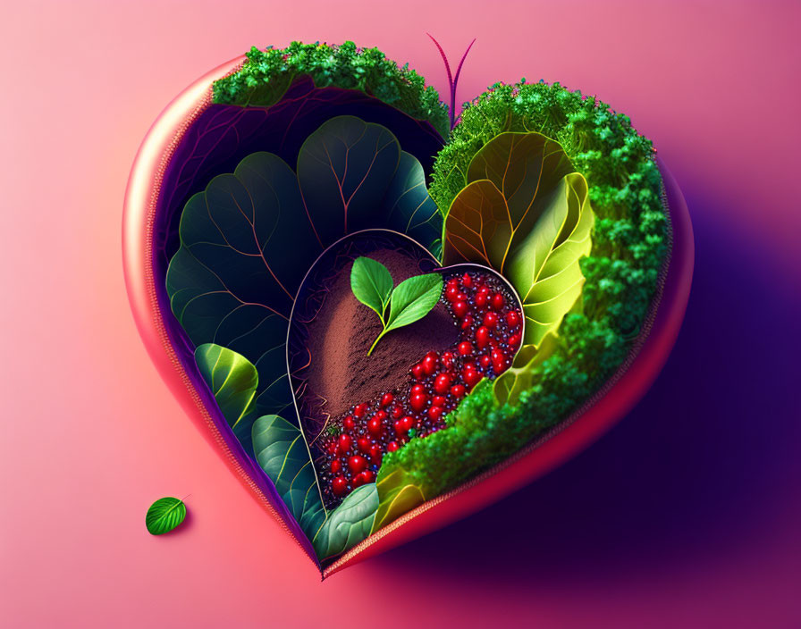 Heart-shaped box with illustrated foliage and berries in lush green environment on vibrant pink background