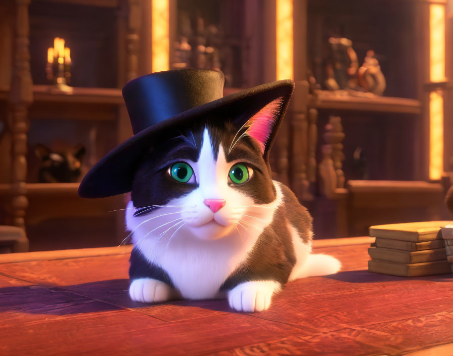 Animated Cat in Black Top Hat in Cozy Book-Filled Room