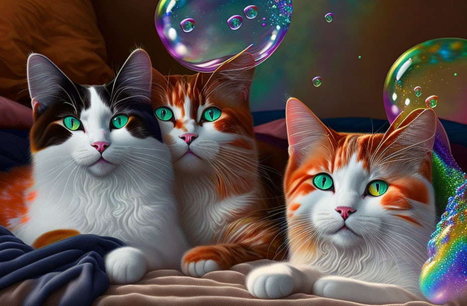 Three cats with green eyes and floating bubbles on colorful cushions