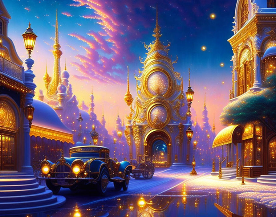 Vintage Car Parked in Snowy Street by Ornate Golden-Lit Buildings