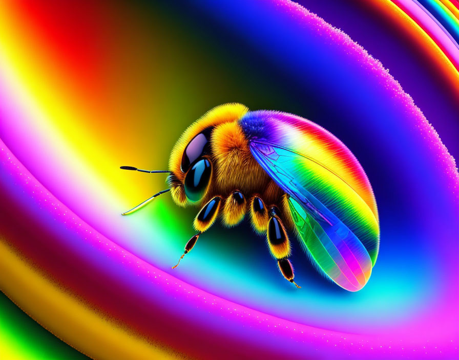 Colorful Bee with Rainbow Wings on Swirling Background