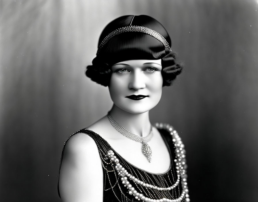 1920s Fashion: Vintage Black and White Portrait of Woman in Cloche Hat, Beaded Dress