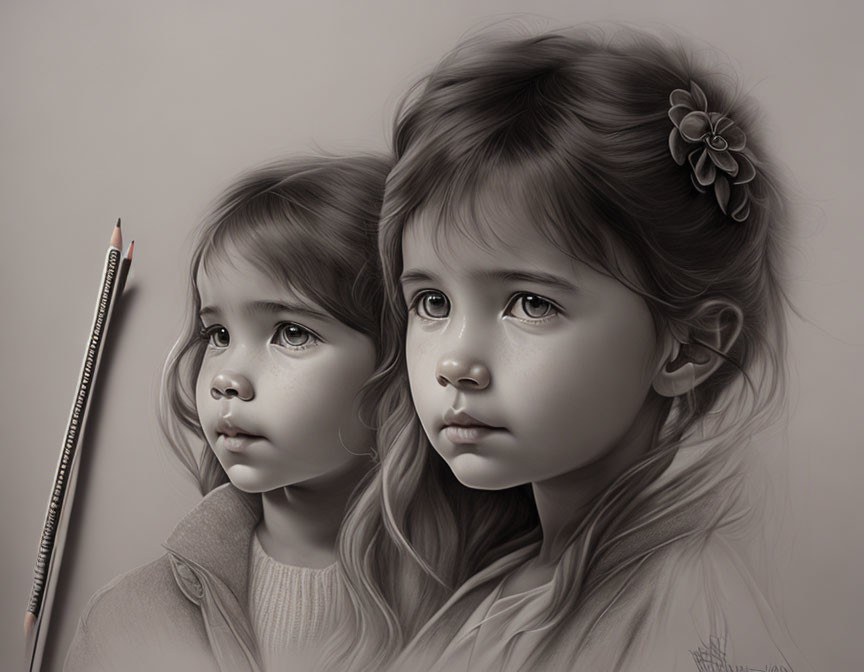 Sepia-tone portrait of two young girls with floral hair accessory and pencil border