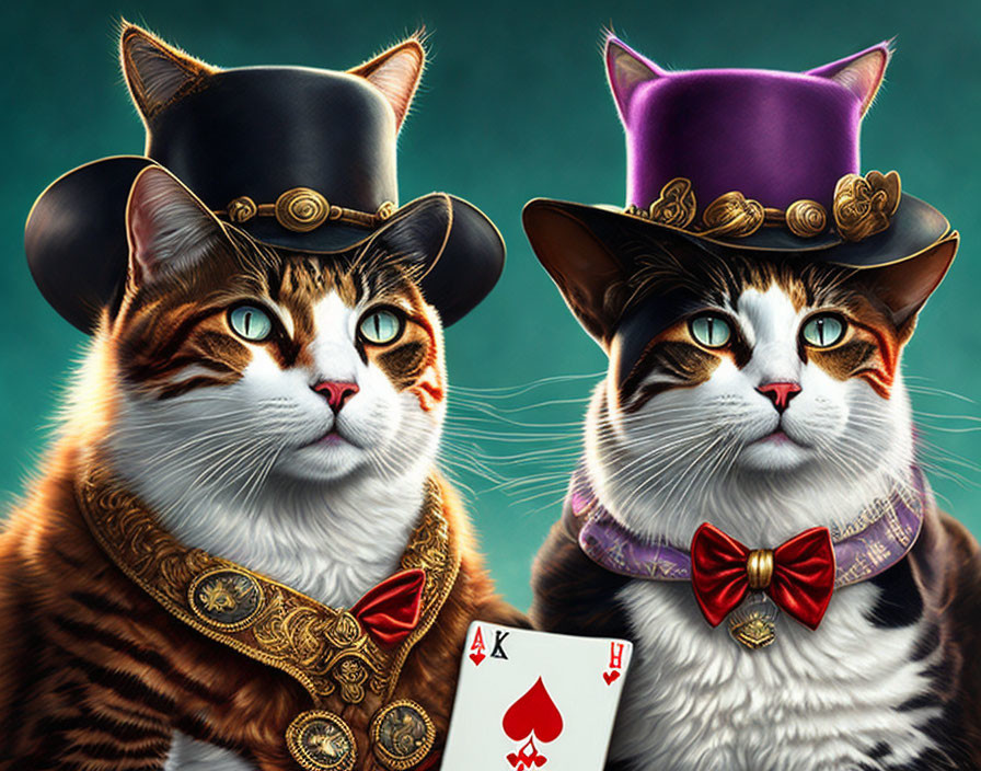 Elegantly Dressed Cats with Hats and Bow Ties on Teal Background