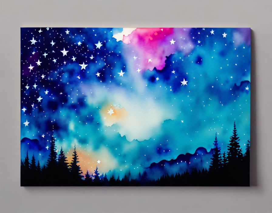 Starry sky watercolor painting with blue, purple, and pink hues above pine trees