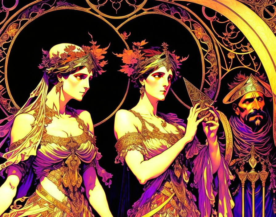 Art Nouveau Style Illustration: Two Women and Man in Gold and Purple Palette