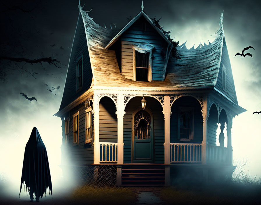 Abandoned house with bats and cloaked figure under moonlit sky