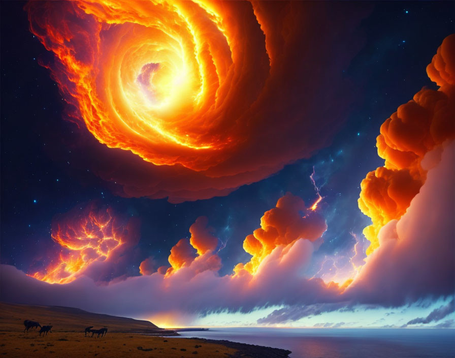 Surreal fiery vortex above tranquil landscape with horses