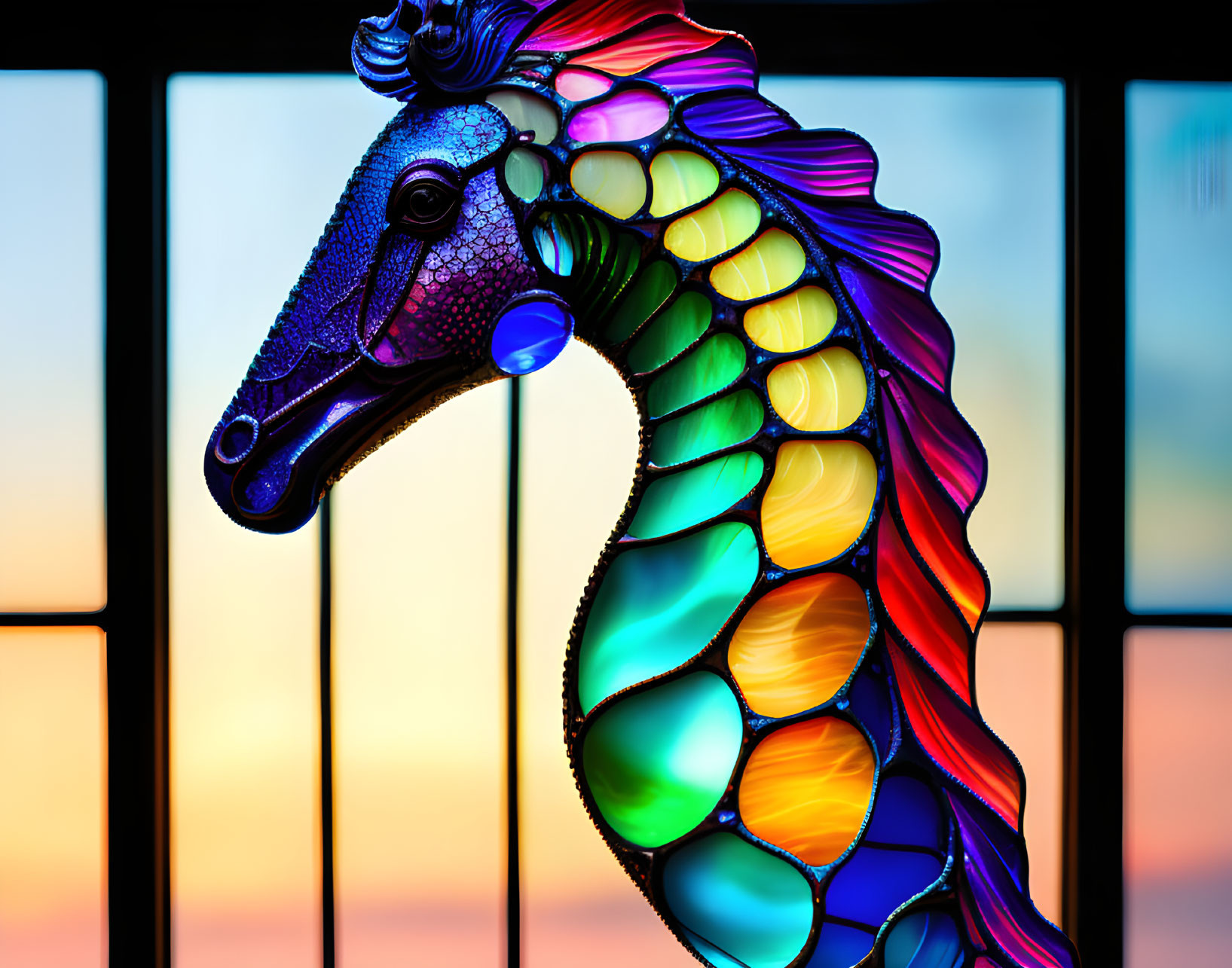 Vibrant stained glass seahorse against sunset gradient background