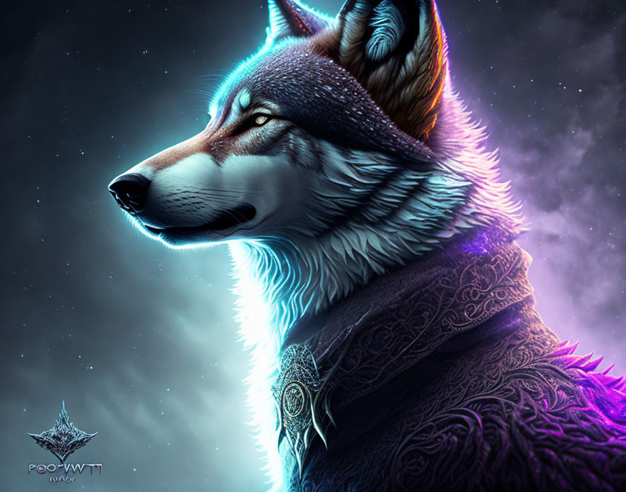 Majestic wolf digital art: vibrant blue and purple coat, intricate patterns, starry night sky