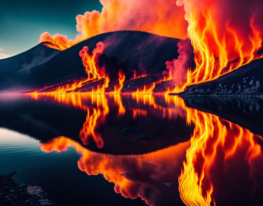 Wildfire engulfs mountain slope, reflected in tranquil lake below