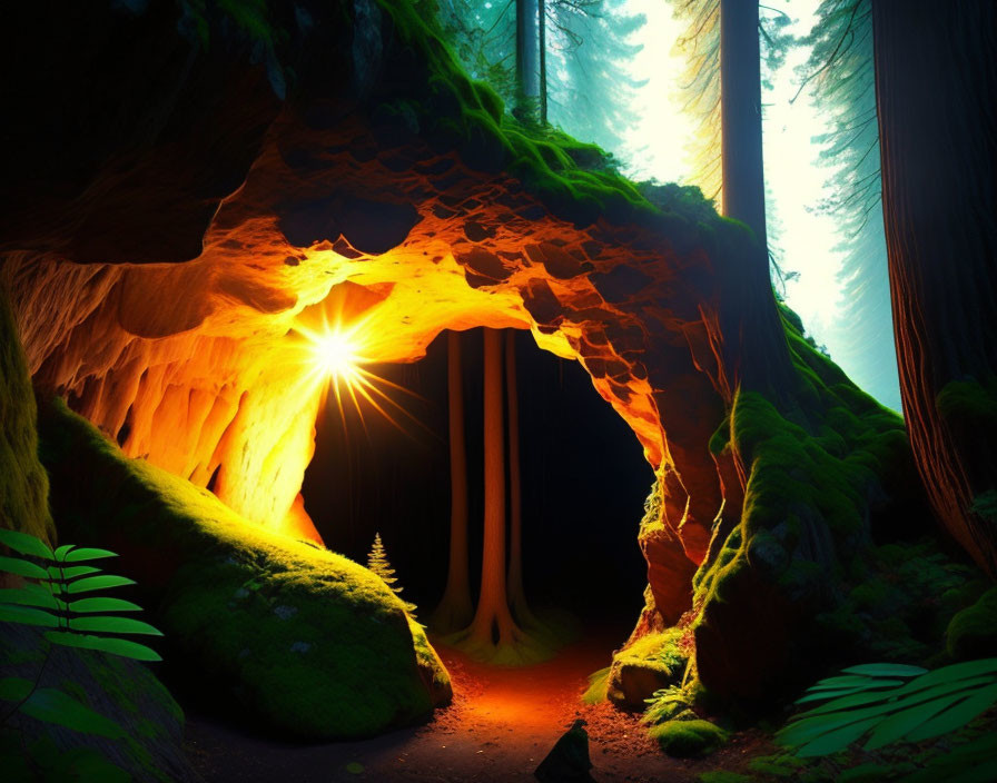 Natural arch in lush forest with sunlight illuminating moss-covered rocks and trees