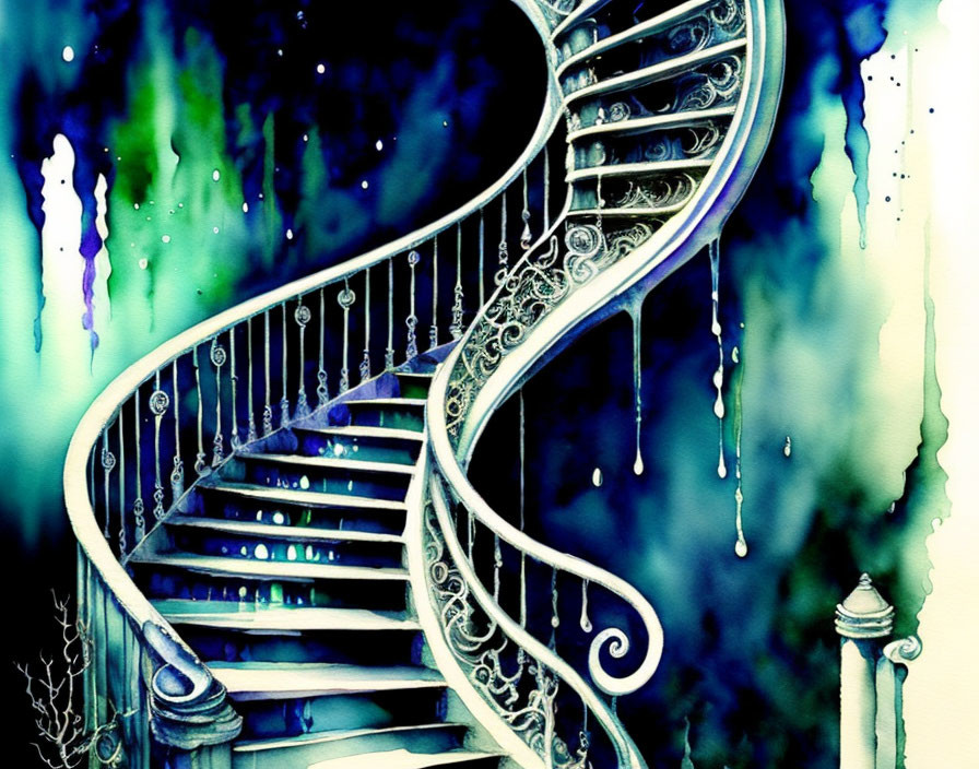 Ornate spiral staircase watercolor painting on mystical background