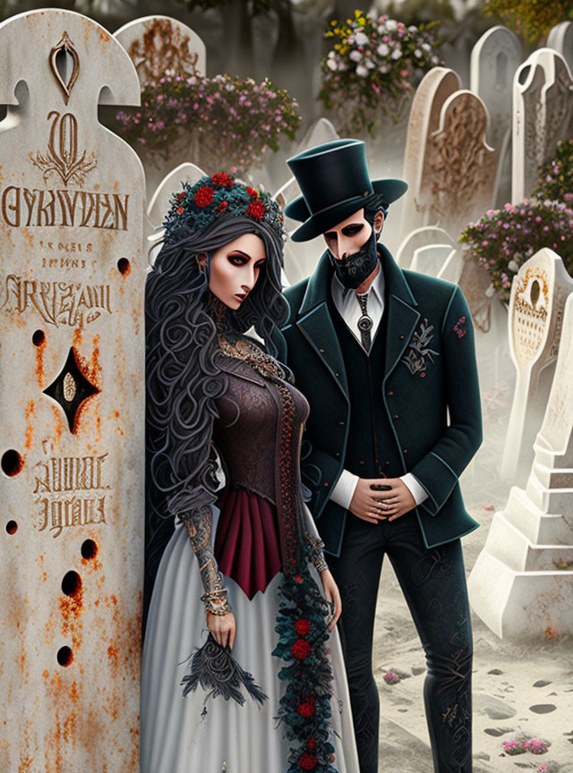 Elaborate Gothic couple in period attire at a cemetery