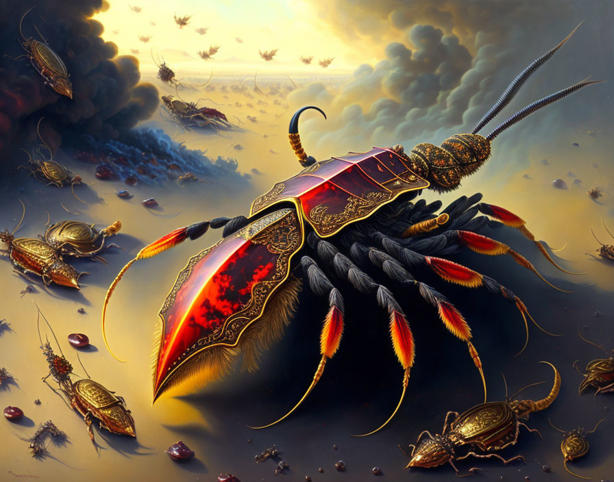 Intricately detailed painting of giant beetle with smaller beetles in dramatic landscape