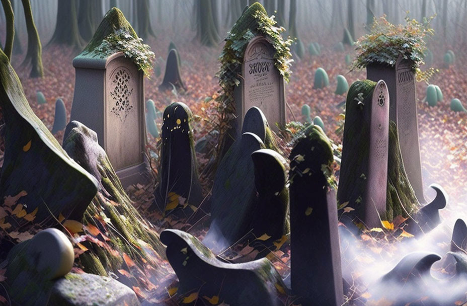 Ornate tombstones in mystical forest cemetery