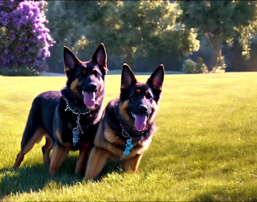 German Shepherds Sitting on Grass with Tongues Out and Purple Flowers in Background