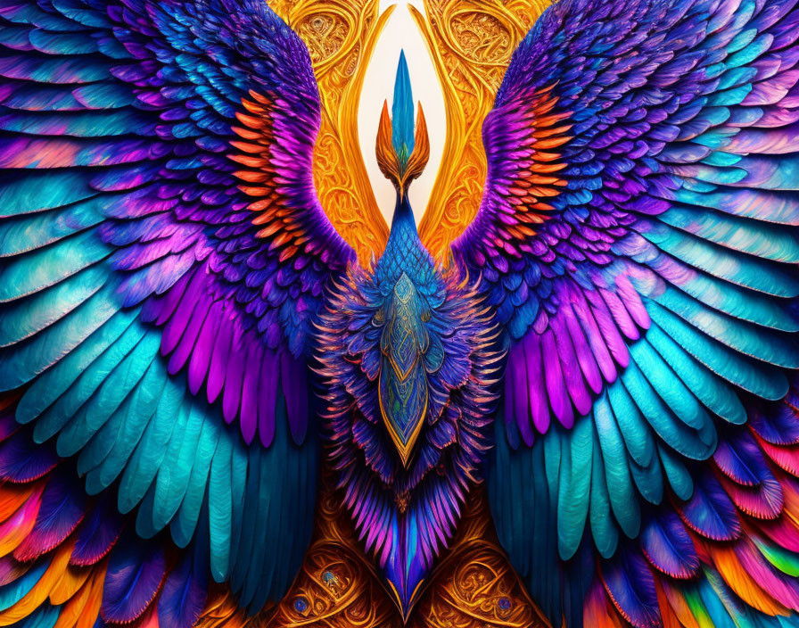 Symmetric artwork of vibrant blue and purple wings with gold centerpiece