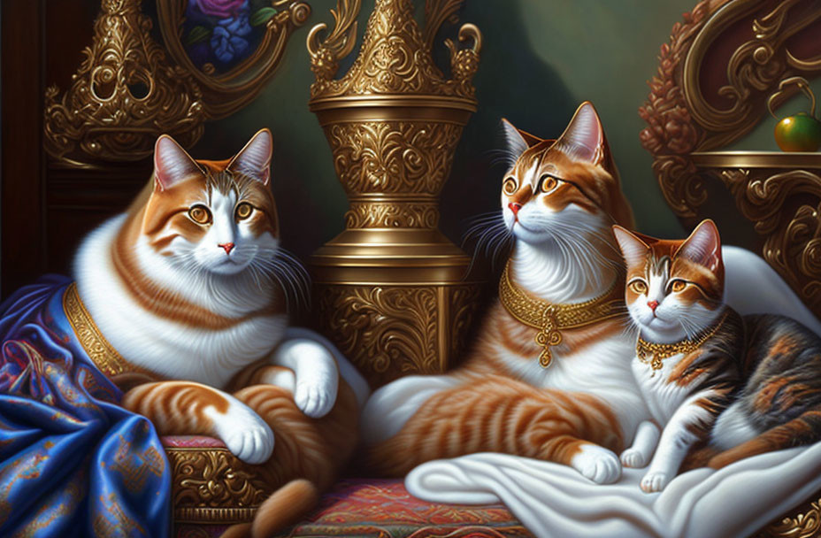 Regal cats in luxurious setting on ornate couch