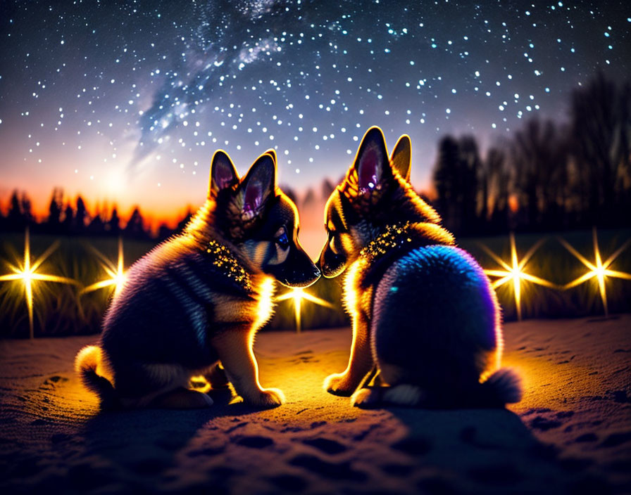 Two puppies under starry night sky with warm lights