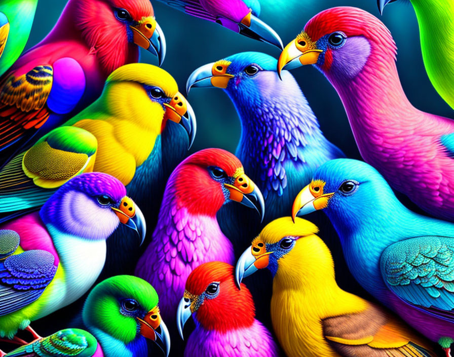 Colorful digital artwork featuring stylized birds with vibrant plumage