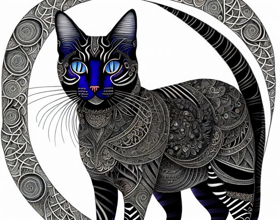 Ornate Black Cat Illustration with Blue Eyes on Crescent Moon Background