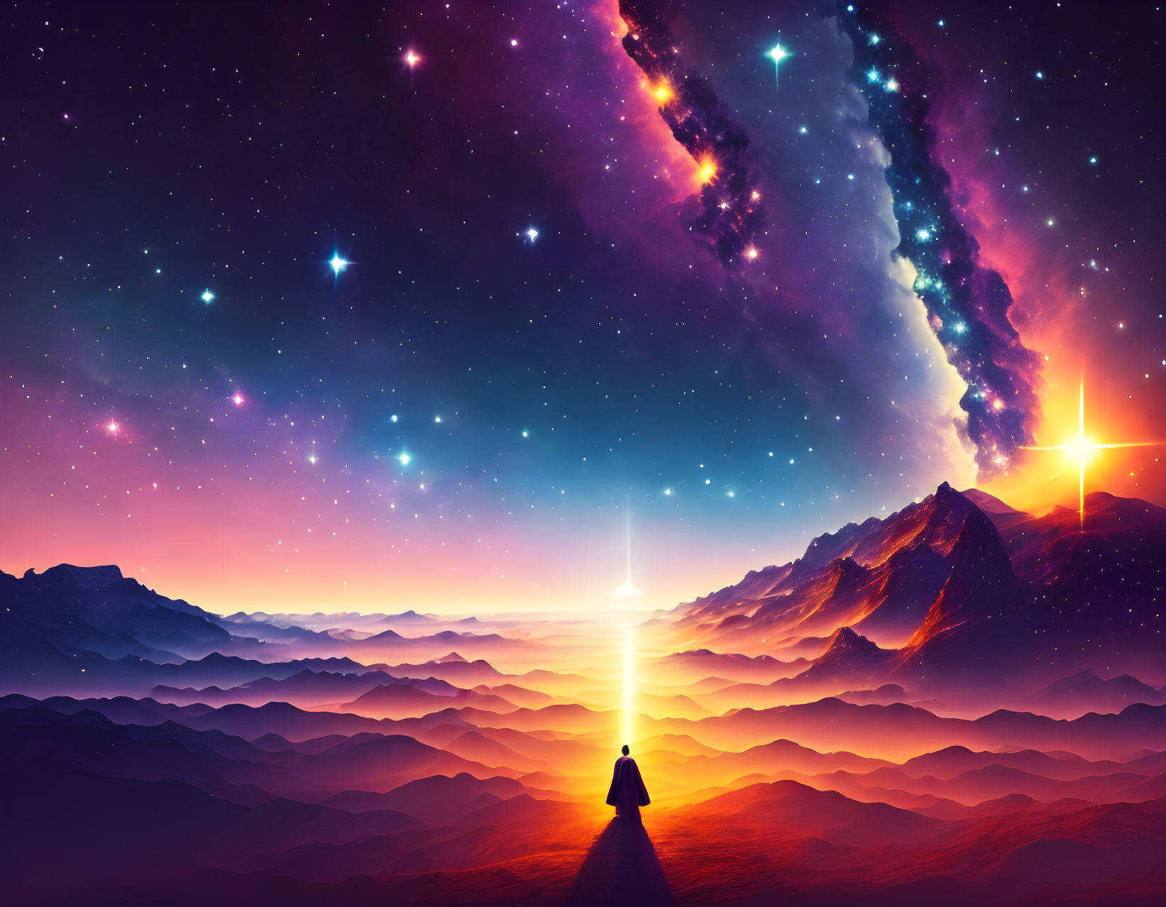 Person standing on mountain under vibrant cosmic sky with stars and light beam