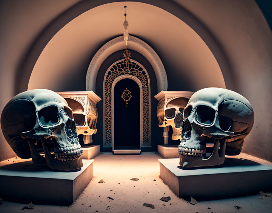 Large Skull Sculptures in Ornate Arched Room with Warm Lighting