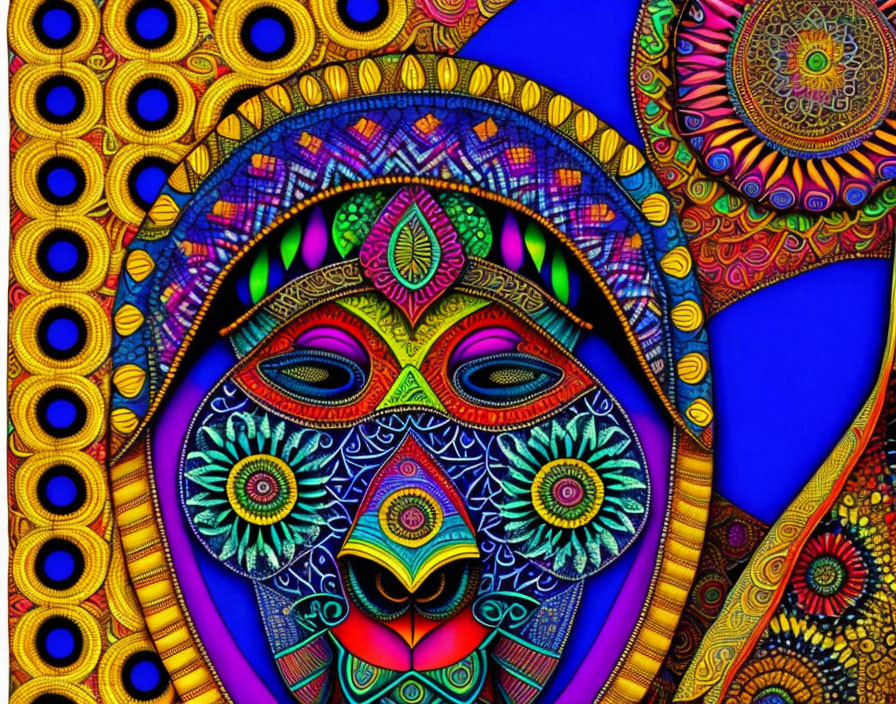 Colorful Abstract Art with Ornate Patterns and Stylized Face