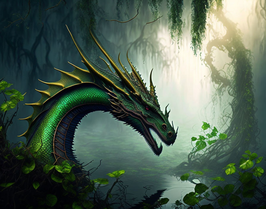 Green dragon in mystical forest with twisted vines and misty backdrop