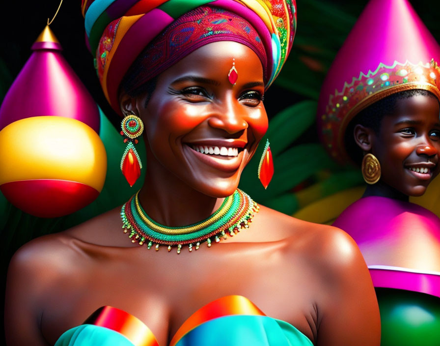 Colorful illustration of smiling woman with head wrap and child in festive setting