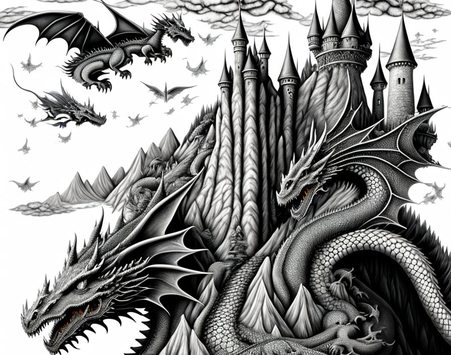 Monochromatic fantasy illustration: Dragons flying around majestic castle