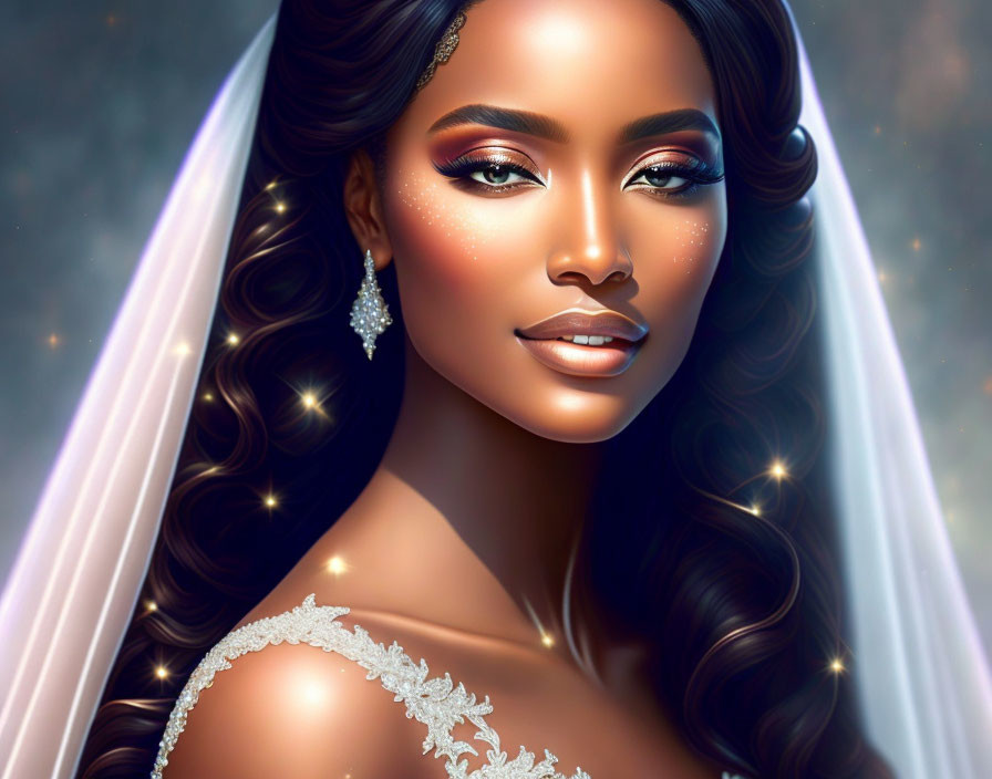 Illustrated portrait of woman in bridal gown with radiant skin and sparkling earrings