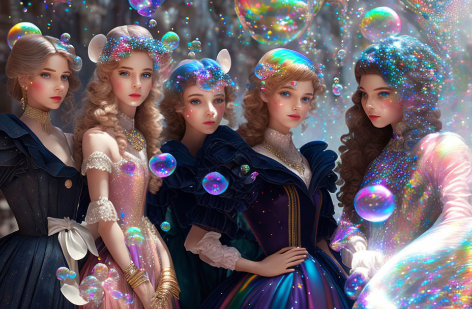 Four Women in Victorian Dresses Surrounded by Iridescent Bubbles in Forest Setting