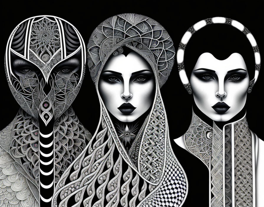 Monochromatic faces with intricate patterns and stylized headpieces