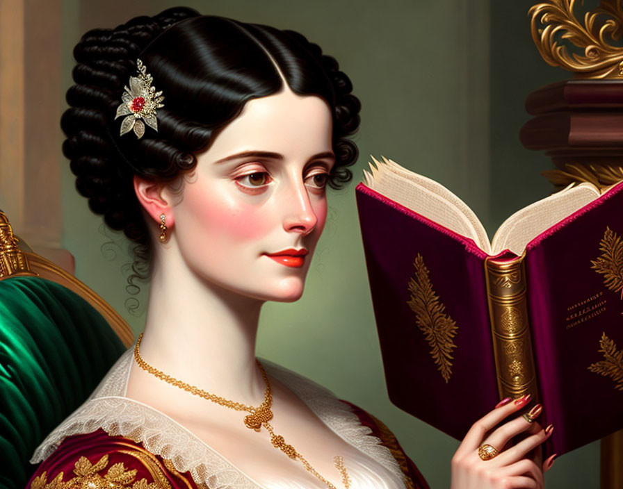 Portrait of woman with dark hair in bun, white dress, holding open book with gold pages